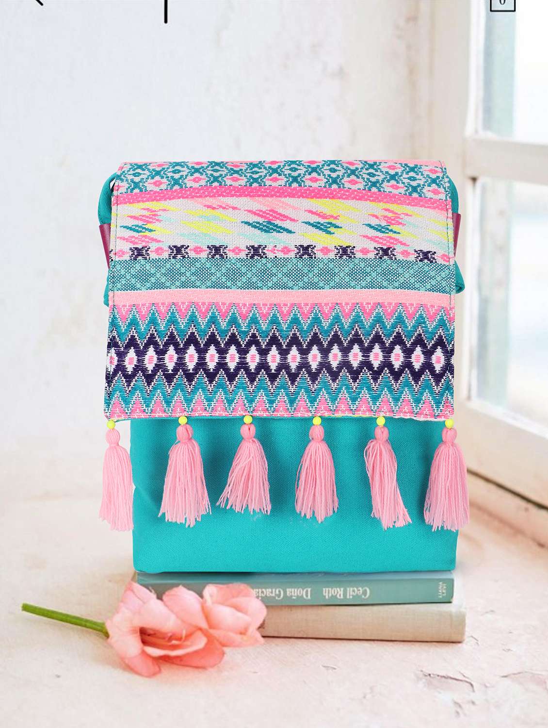 blue cotton polyester blend sling bag