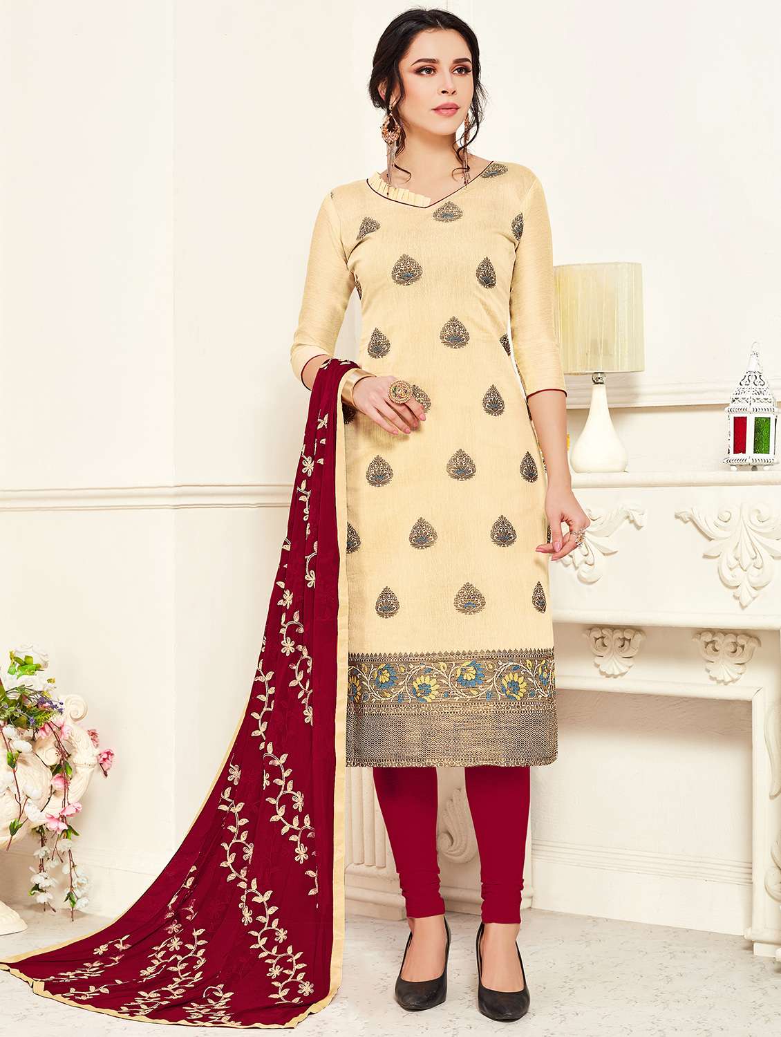jacquard unstitched chudidar suits set