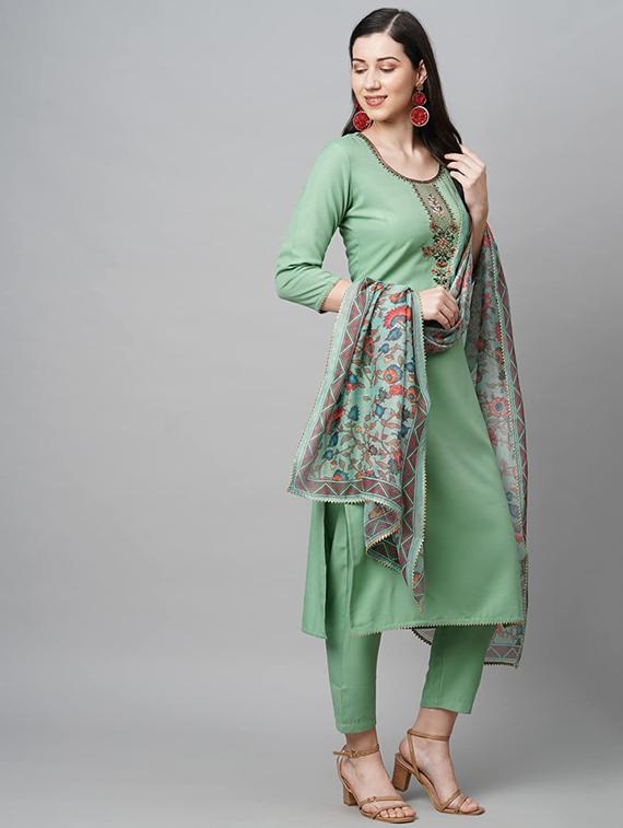 green kurta pant set with dupatta - 19910518 -  Standard Image - 1