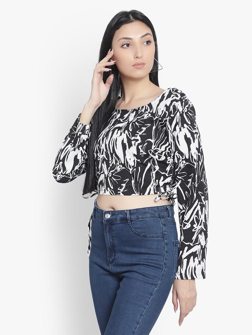 black printed ruched crop top - 19910707 - Standard Image - 1