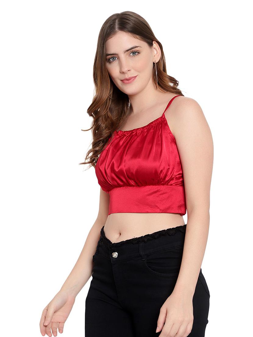red solid ruched shoulder strap crop top - 19910719 -  Standard Image - 1