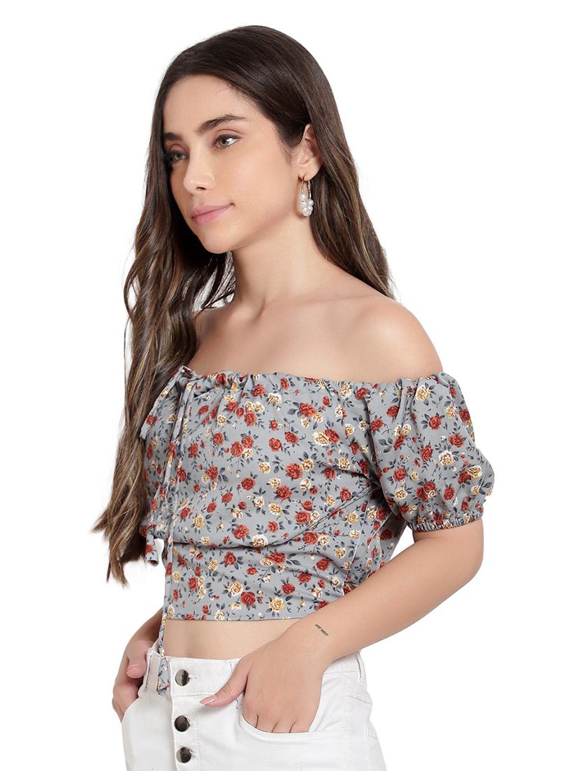 grey floral print off shoulder crop top - 19910747 -  Standard Image - 1