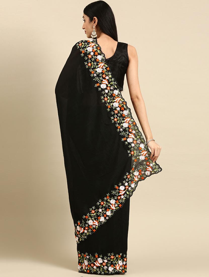 embroidered bordered solid saree with blouse  - 19912414 -  Standard Image - 1