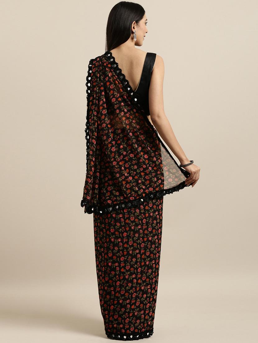 floral printed saree with lace and mirror work border with blouse - 19912975 - Standard Image - 1