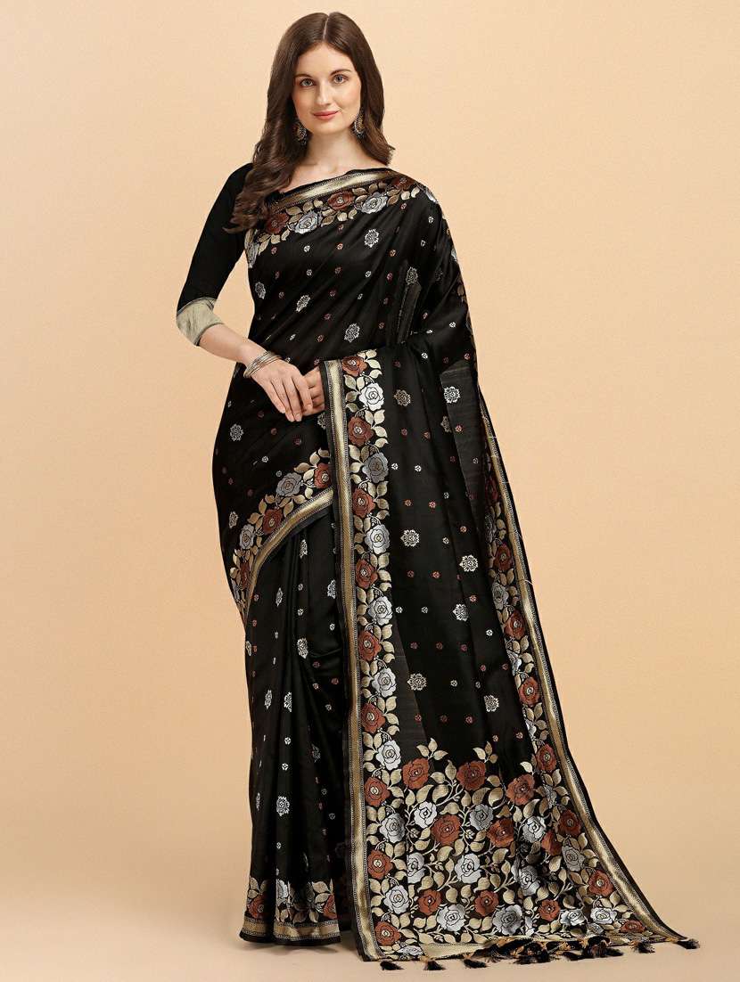 black silk blend kanjivaram saree with blouse