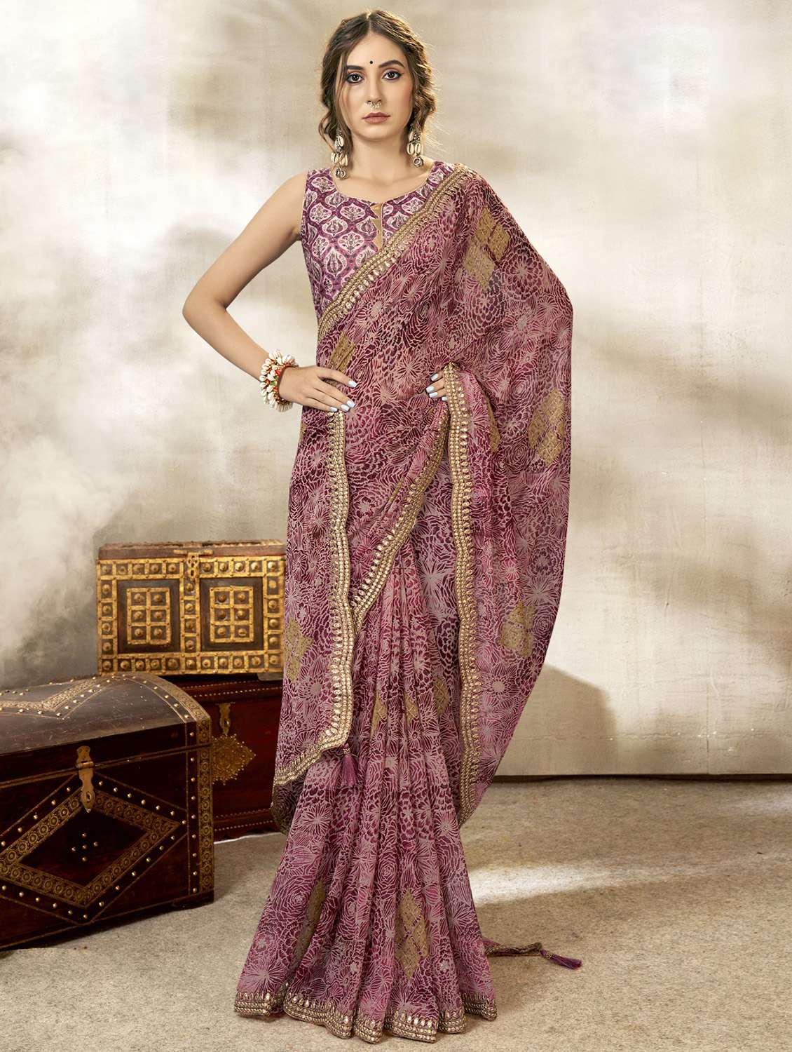 women's floral purple colored saree with blouse