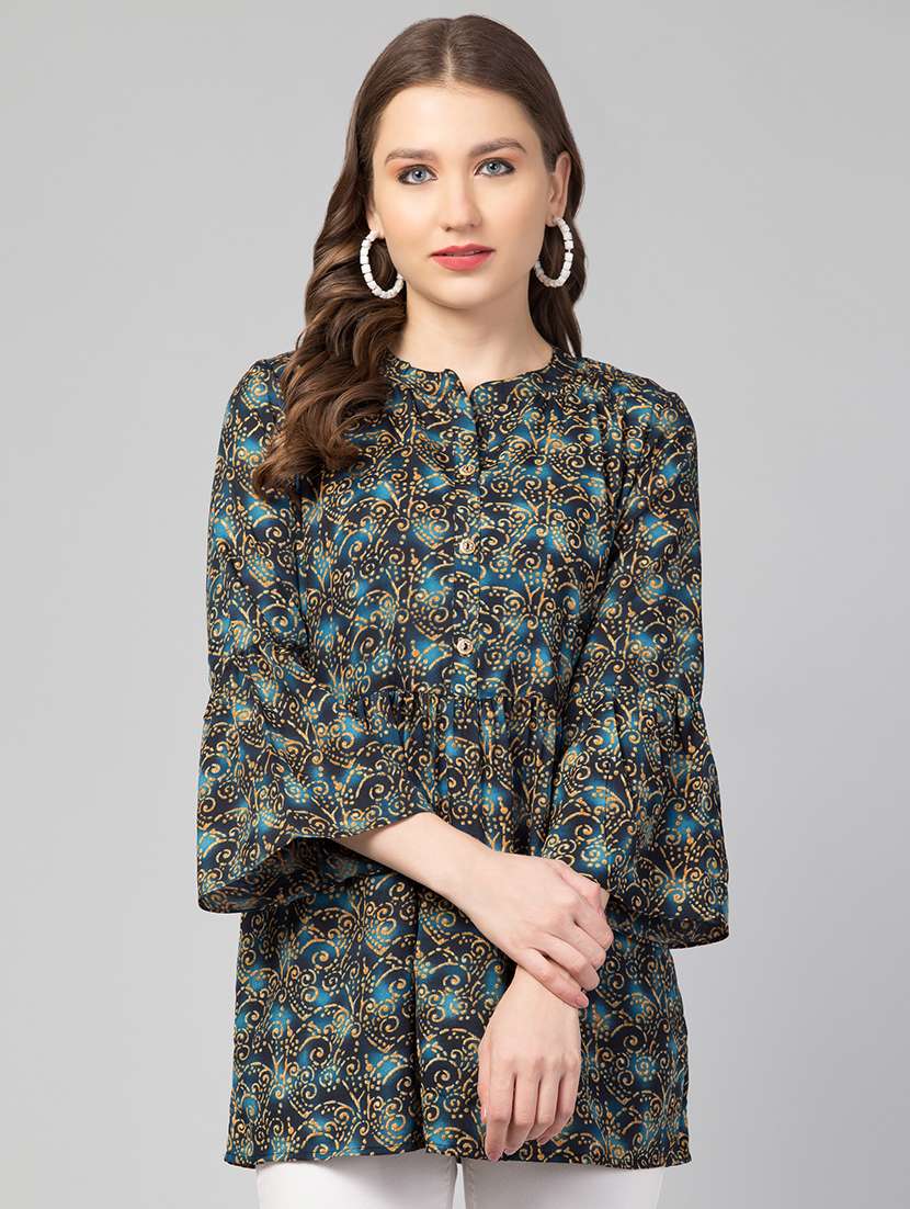 blue printed bell sleeves peplum top