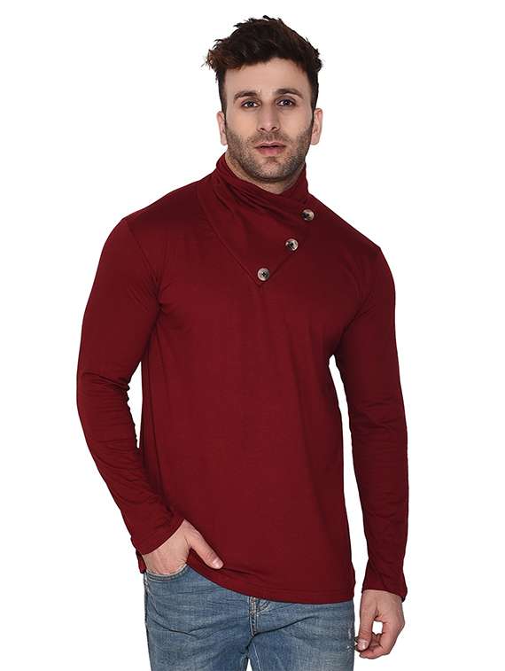 men maroon slim fit overlap neck long sleeve t-shirt