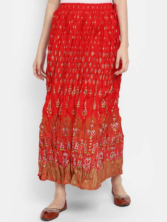 red printed flared maxi skirt