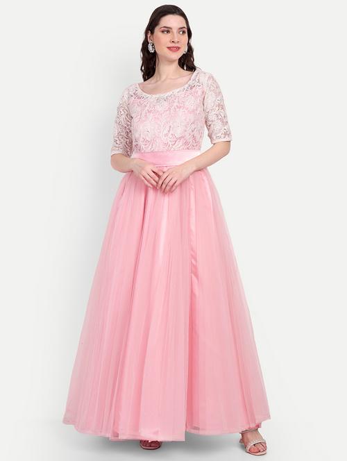 round neck laced flared gown - 19920037 - Standard Image - 0