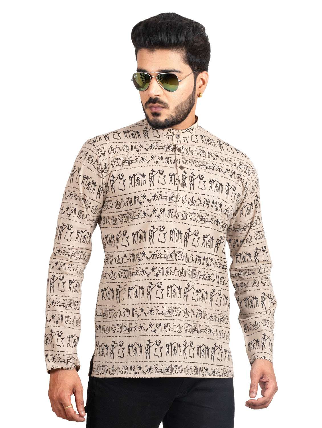 beige printed cotton short kurta