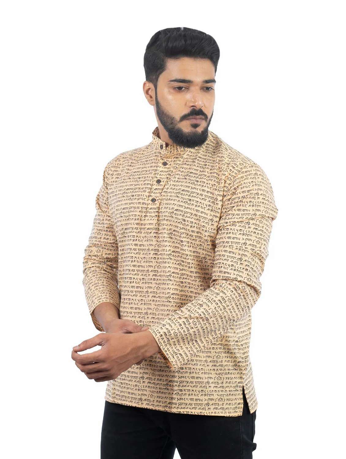 beige printed cotton short kurta - 19920568 -  Standard Image - 1