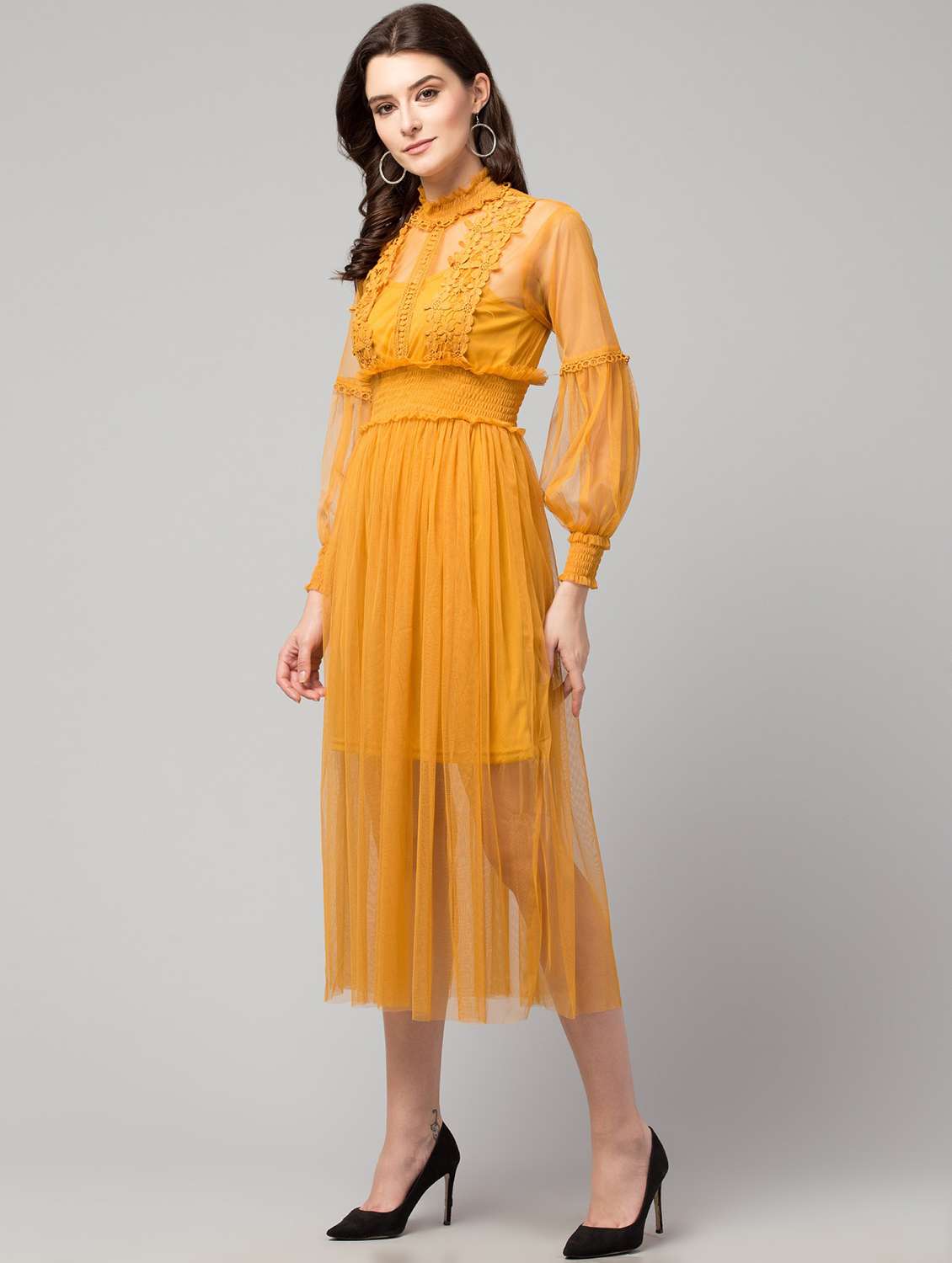 yellow solid net a-line dress - 19921679 -  Standard Image - 1