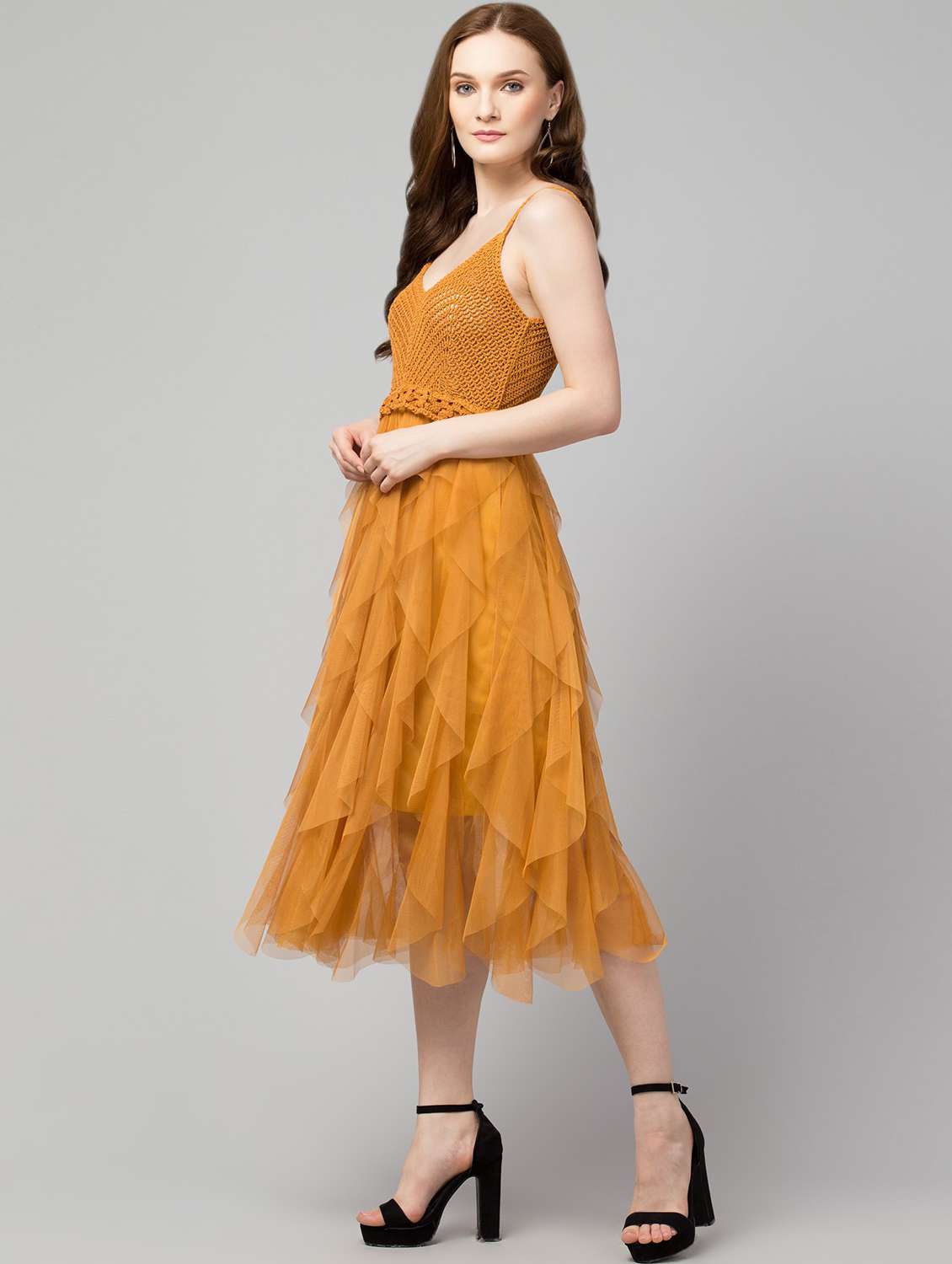 yellow solid net a-line dress - 19921694 -  Standard Image - 1