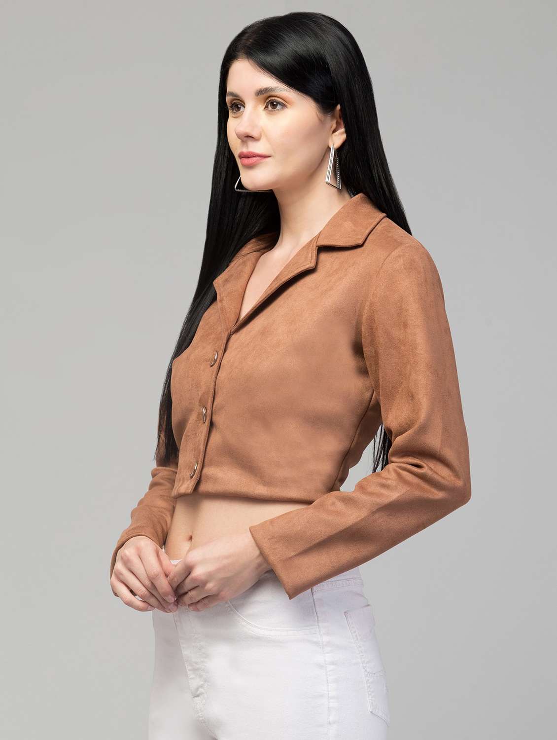 lapel collar solid crop blazer - 19921787 -  Standard Image - 1