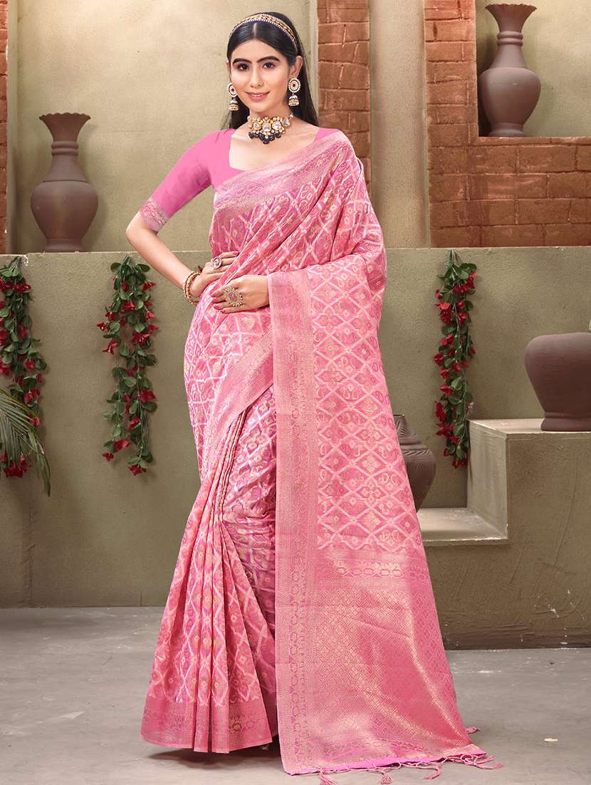 women's self design pink colored saree with blouse
