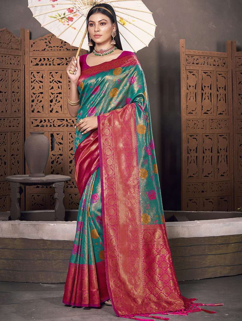 women's self design turquoise colored saree with blouse
