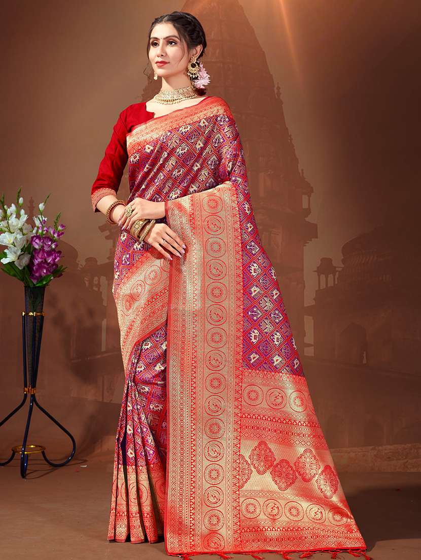 women's self design red colored saree with blouse