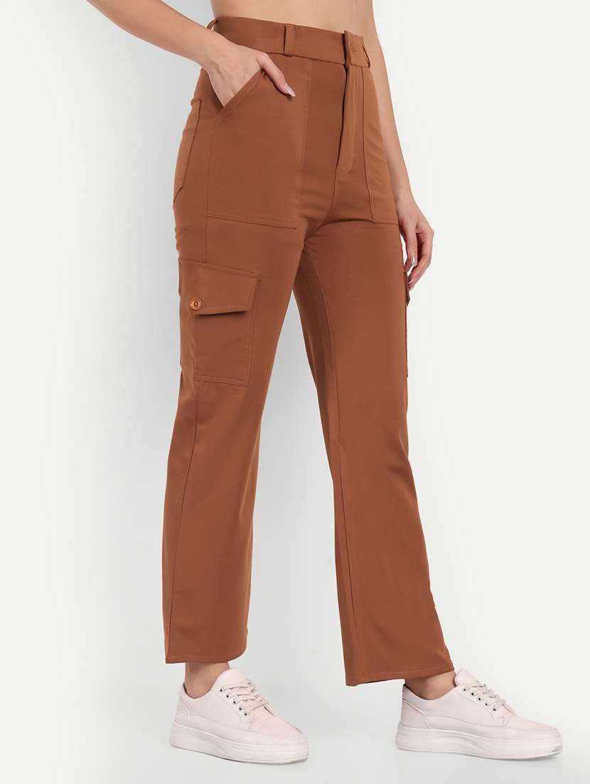 brown solid cargo full length trouser - 19925613 - Standard Image - 1
