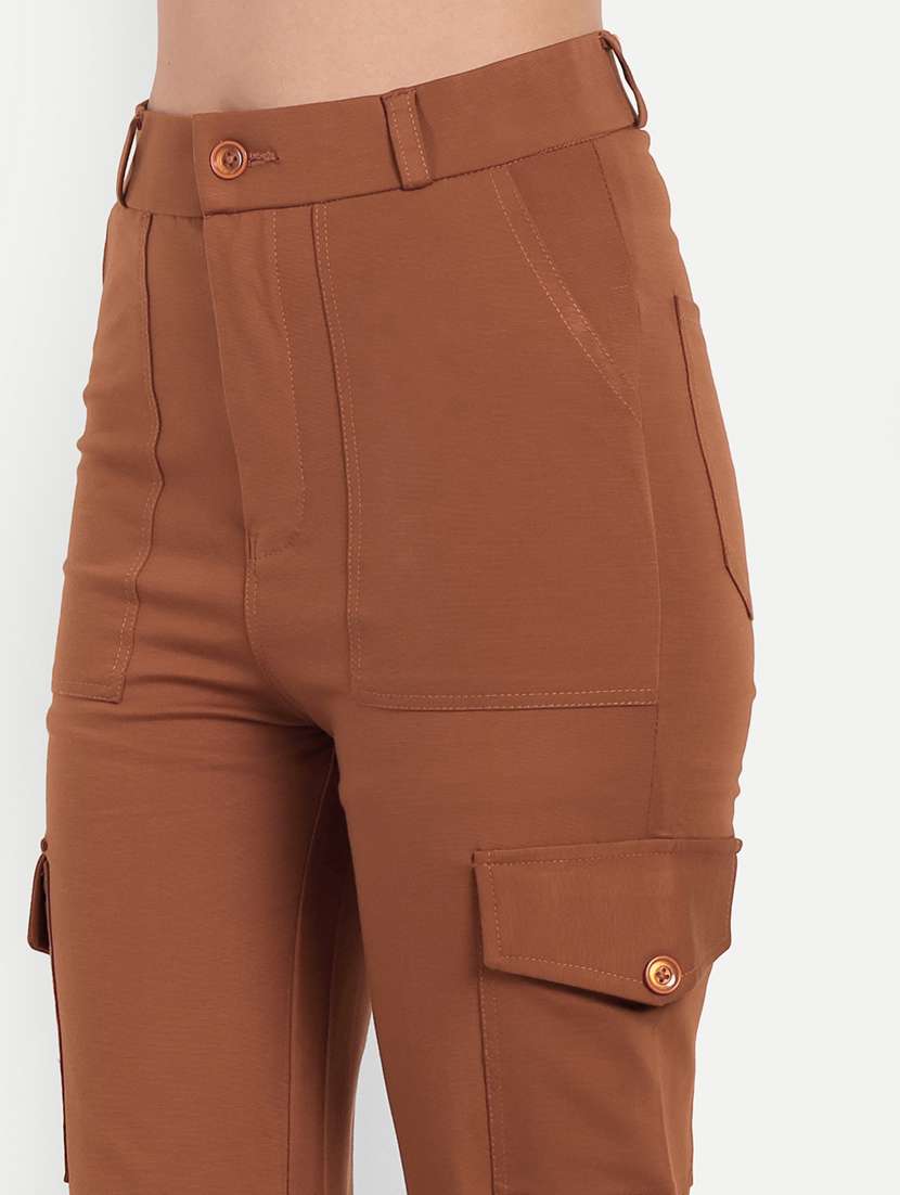 brown solid cargo full length trouser - 19925613 - Standard Image - 4