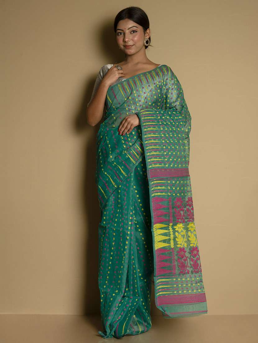 women's self design teal colored saree with blouse