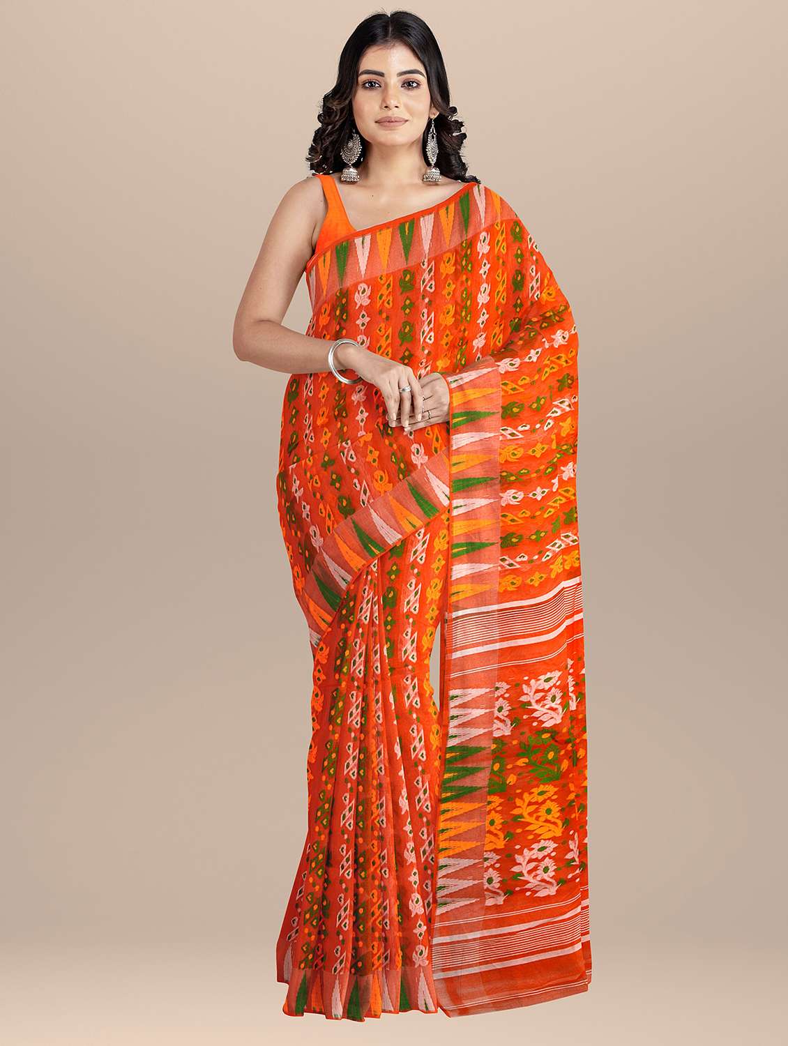 women's self design orange colored saree with blouse