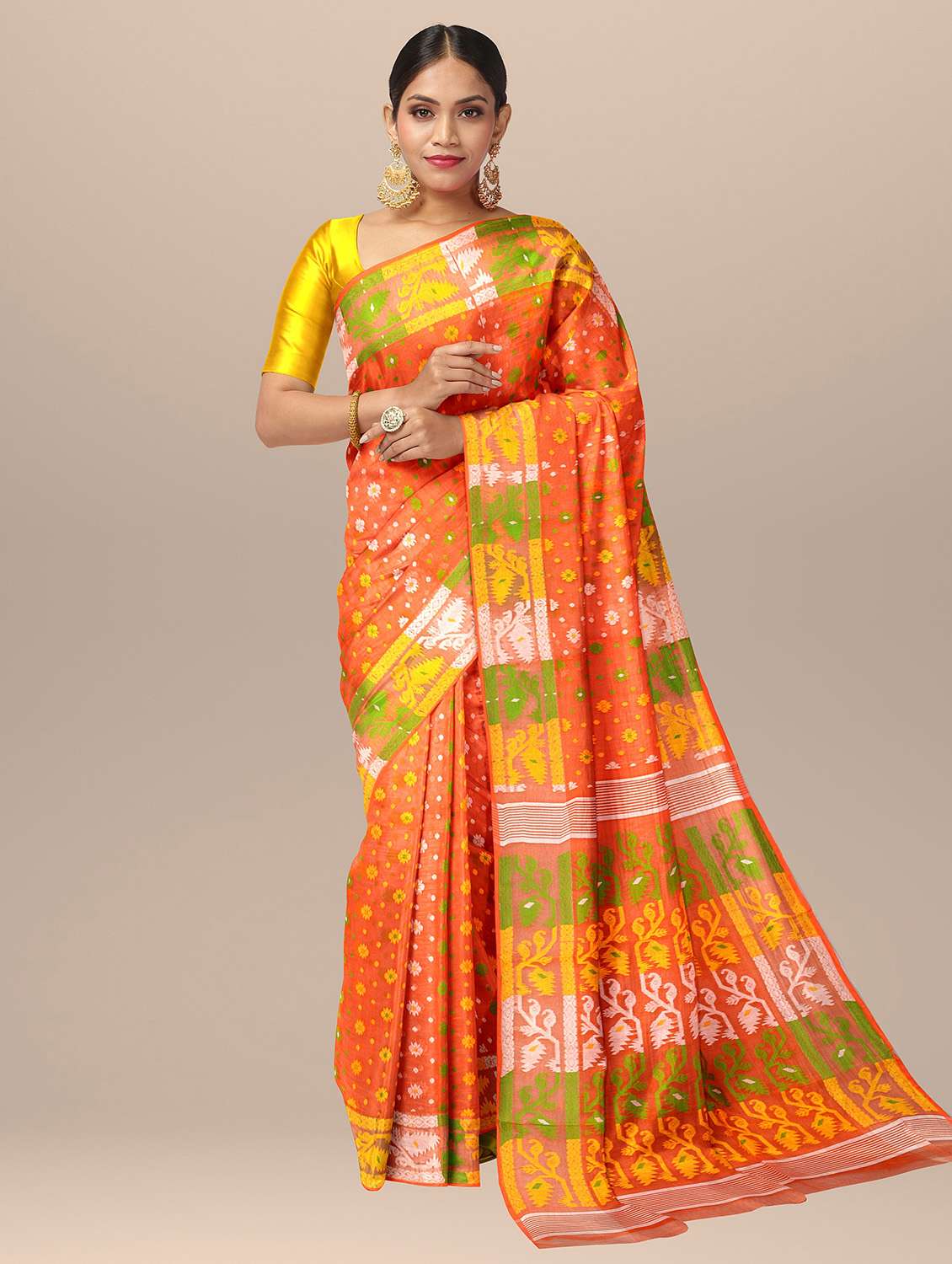 women's self design orange colored saree with blouse