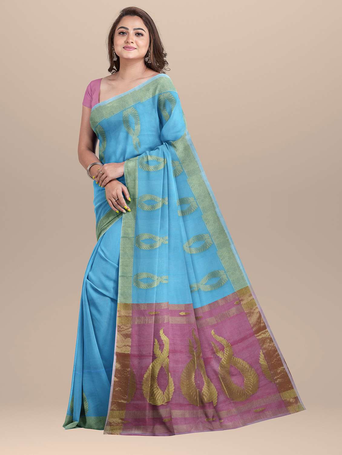 women's self design aqua blue colored saree with blouse