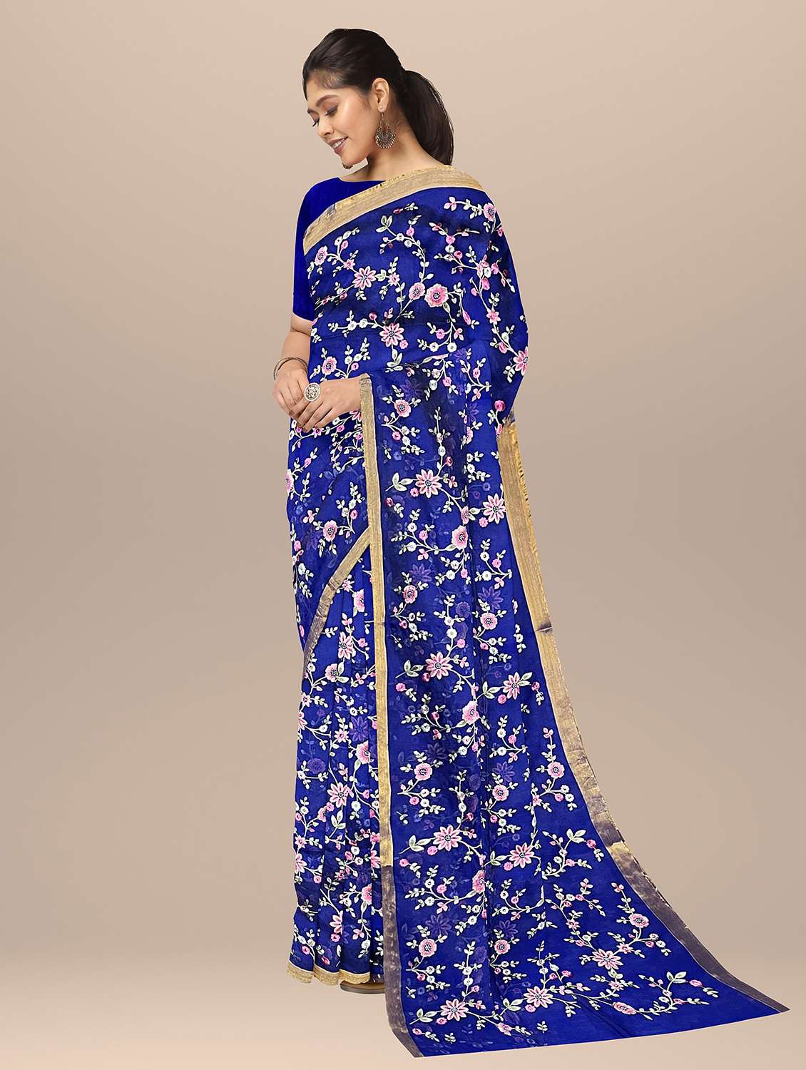 women's floral blue colored saree with blouse - 19925902 -  Standard Image - 1