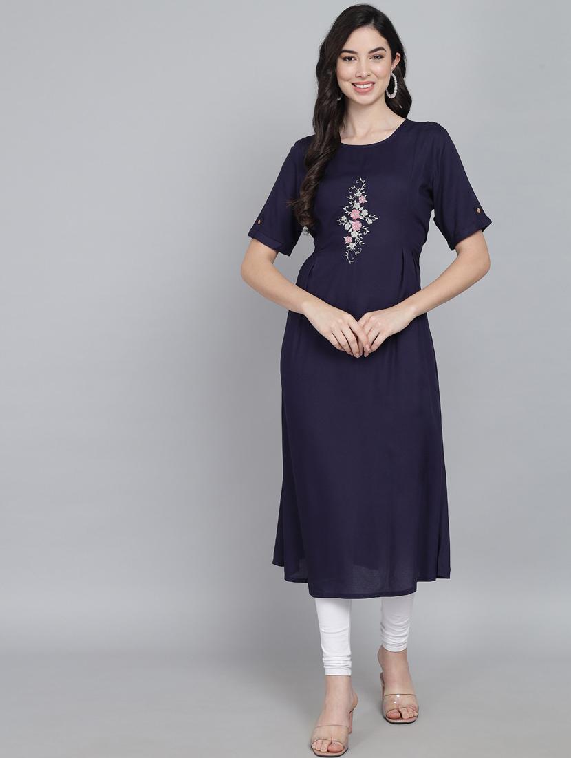 round neck solid a-line kurta - 19926685 - Standard Image - 4