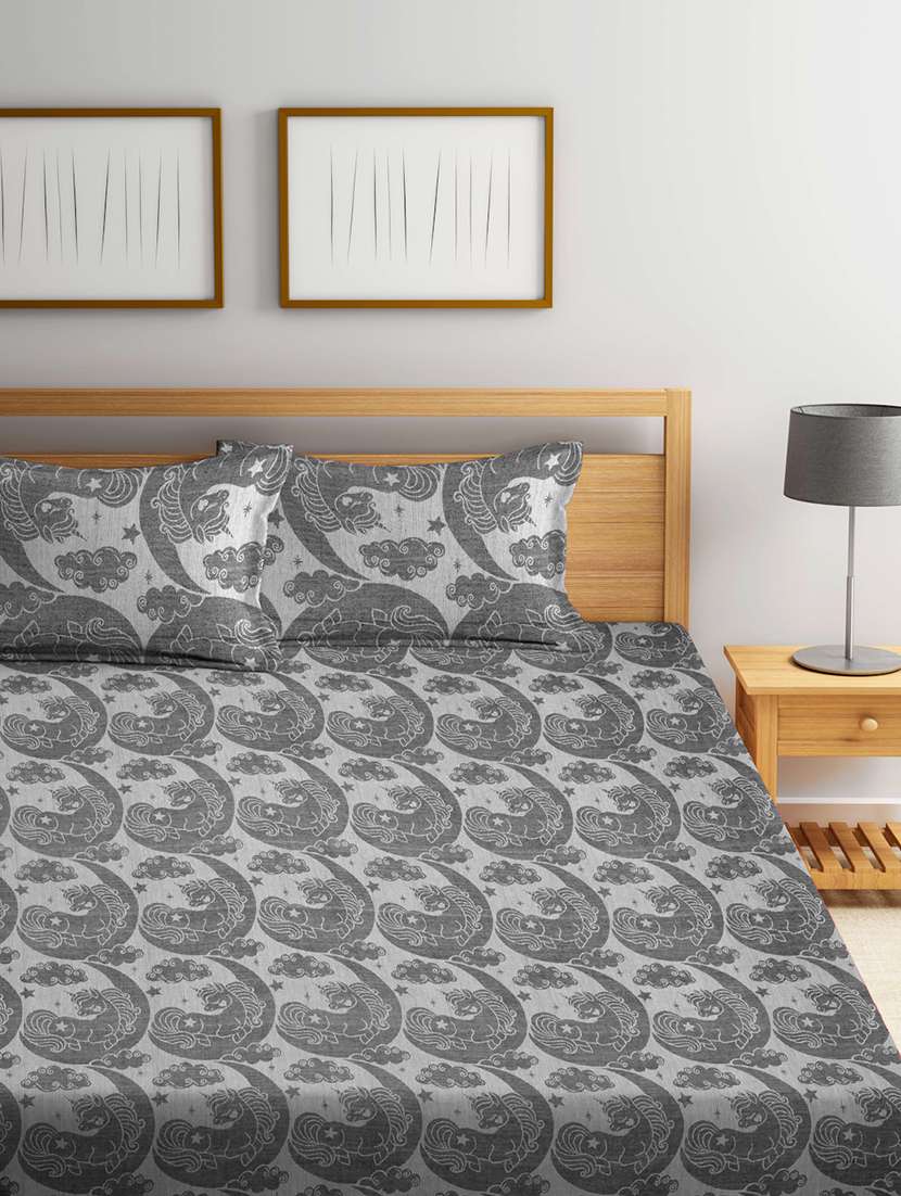 fabinaliv grey cartoon design 100% cotton handwoven king size double bedcover with 2 pillow covers