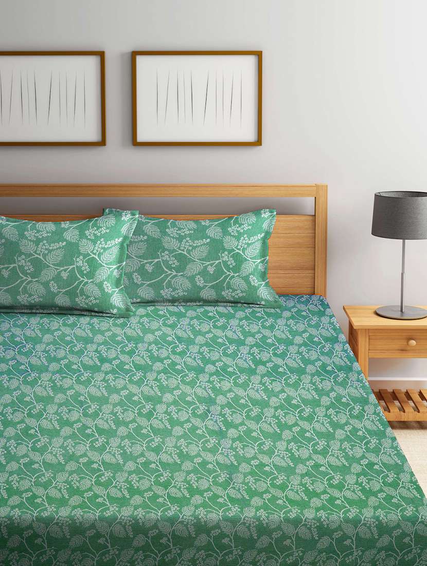 fabinaliv green floral 100% cotton handwoven king size double bedcover with 2 pillow covers
