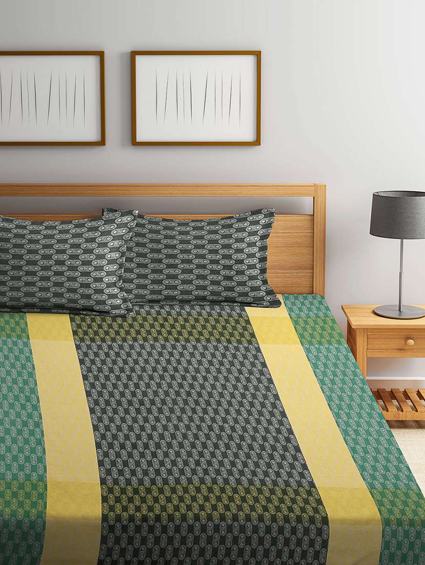 fabinaliv multicolor geometric 100% cotton handwoven king size double bedcover with 2 pillow covers