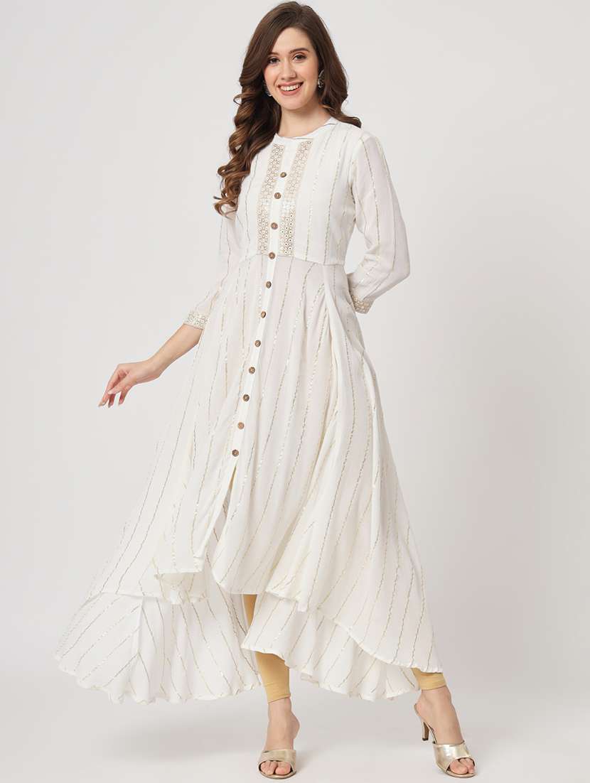 women striped three quarter sleeve asymmetric kurta - 19928092 - Zoom Image - 0