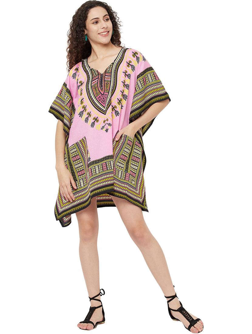 pink relaxed fit notch neck printed kaftan dress