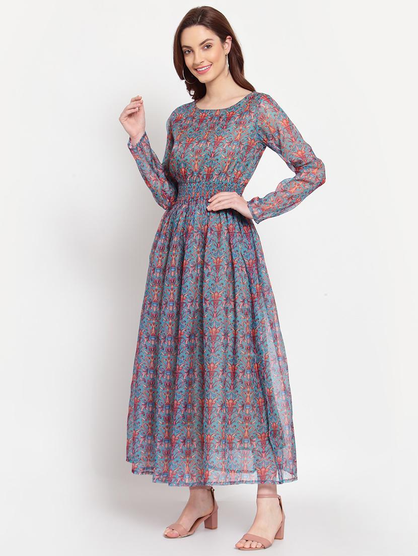 round neck printed fit & flared dress - 19937788 -  Standard Image - 1