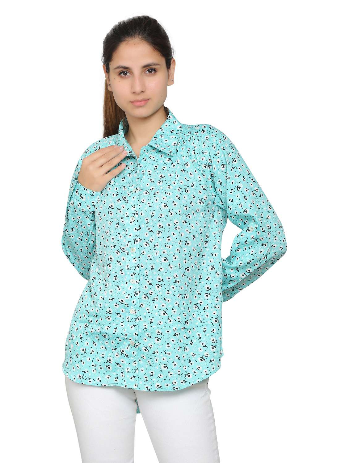 turquoise crepe regular shirt