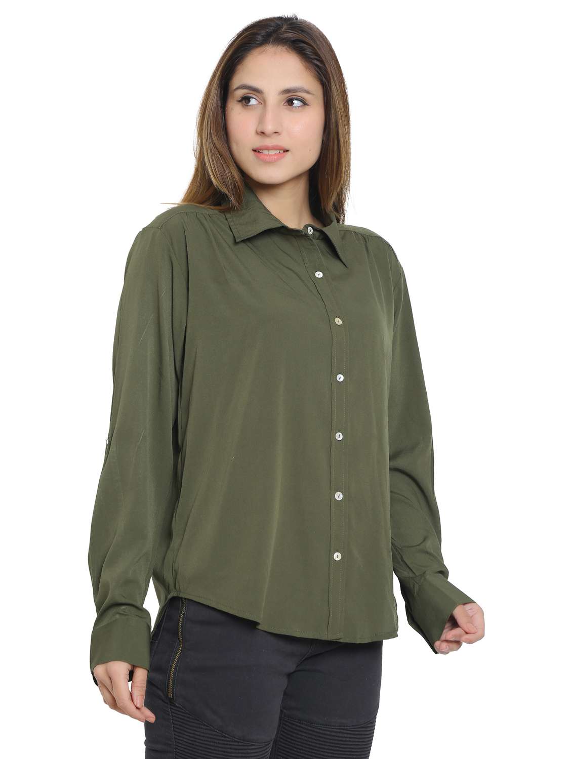 olive cotton blend regular shirt - 19938189 -  Standard Image - 1