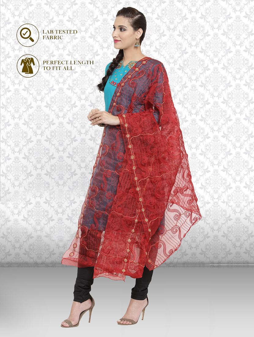 red self designed embroidered dupatta - 19938536 -  Standard Image - 1
