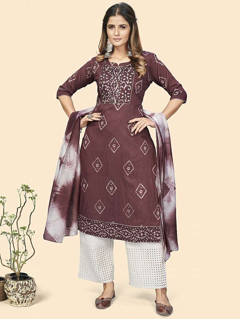 women batik printed three quarter sleeve kurta palazzo with dupatta set - 19938722 -  Standard Image - 1