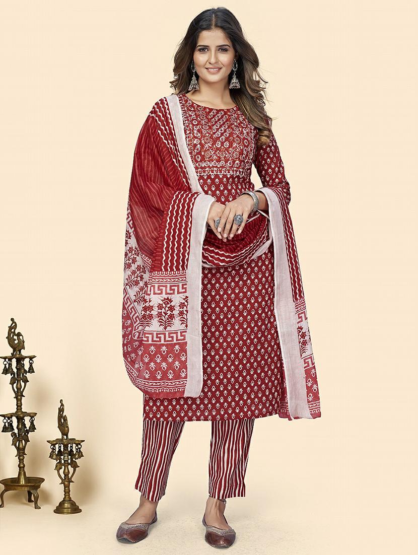 embroidered neck printed suit set - 19938735 -  Standard Image - 1