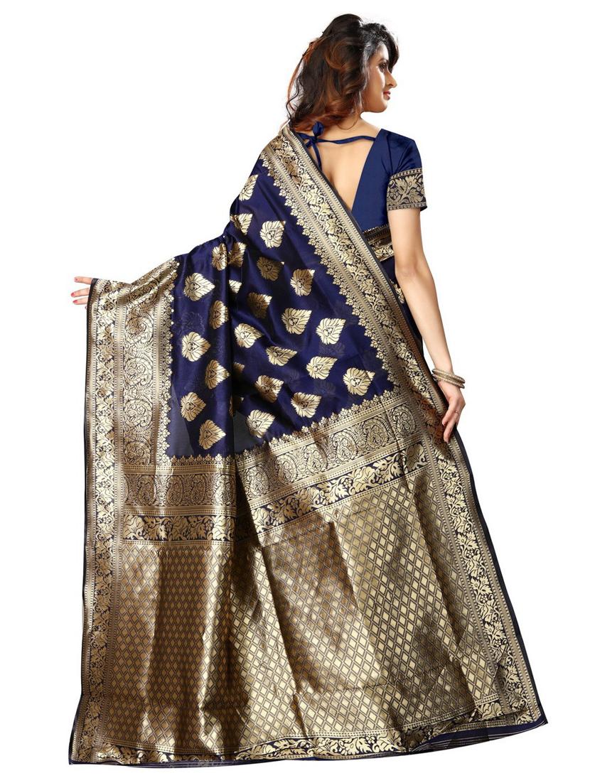 dark blue silk blend banarasi saree with blouse - 19941445 -  Standard Image - 1