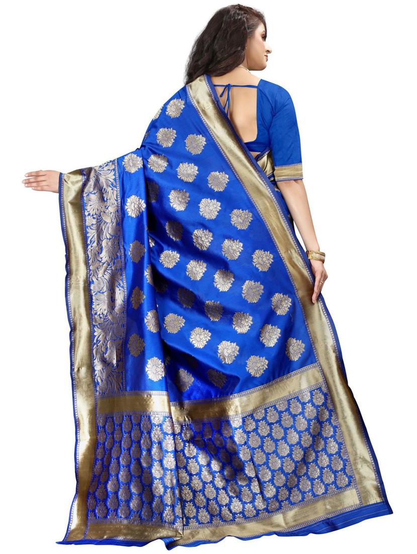 dark blue silk blend banarasi saree with blouse - 19941454 -  Standard Image - 1