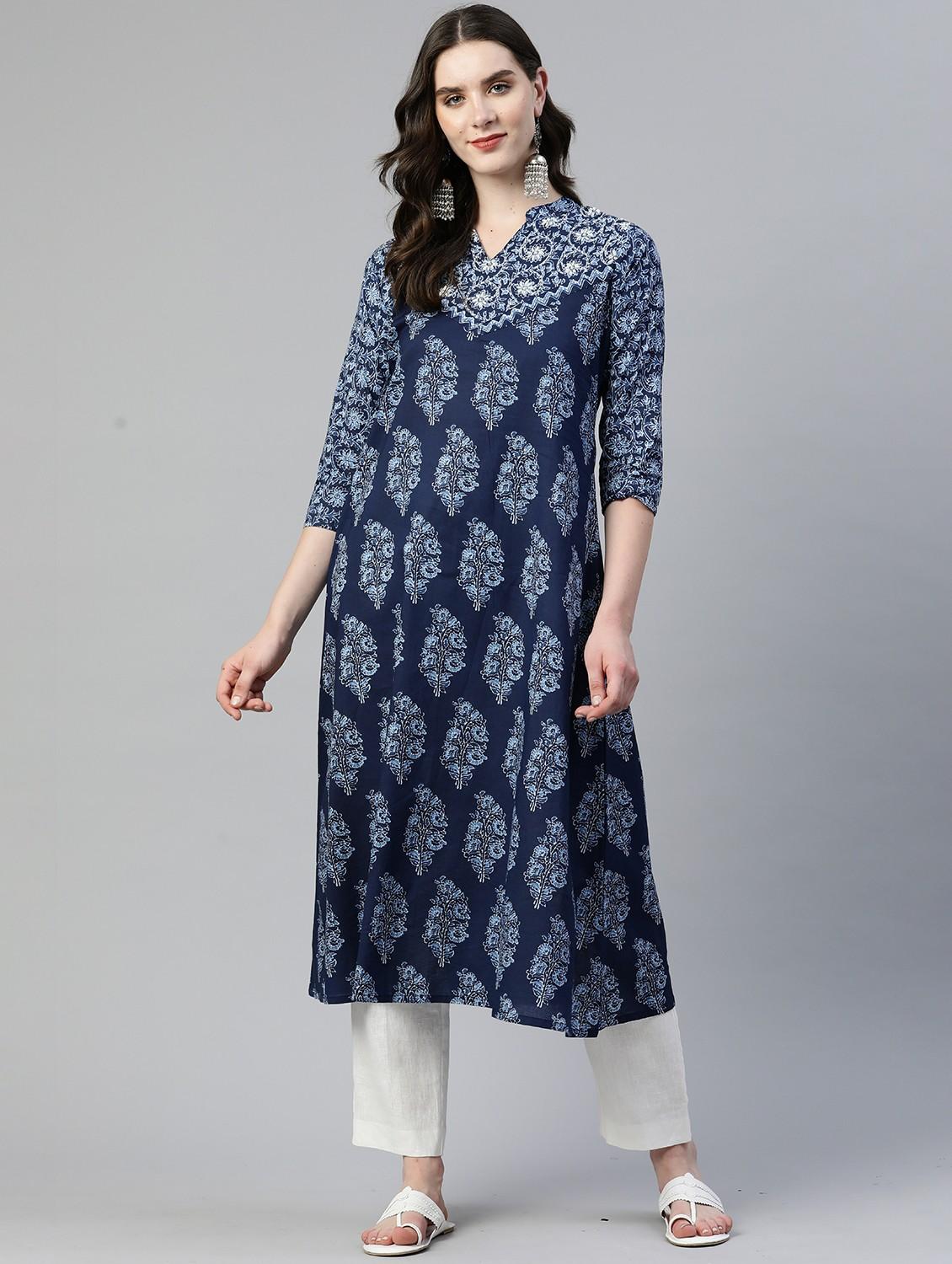 blue cotton aline kurta - 19943121 - Zoom Image - 0