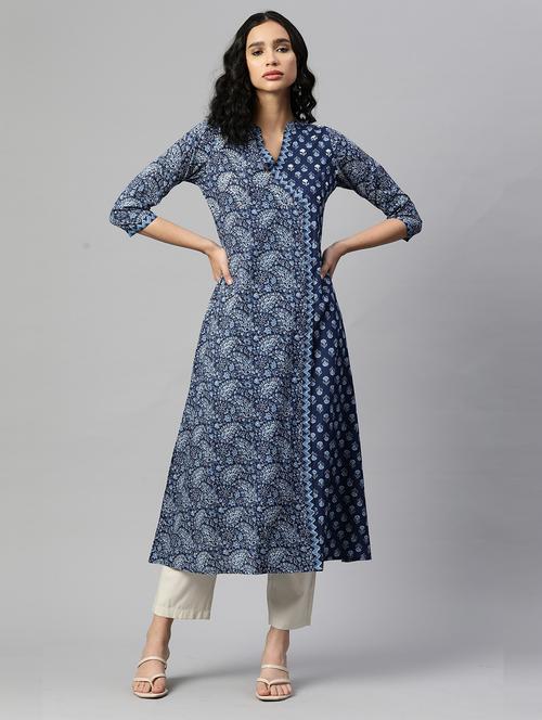 blue cotton a-line kurta - 19943123 - Standard Image - 0