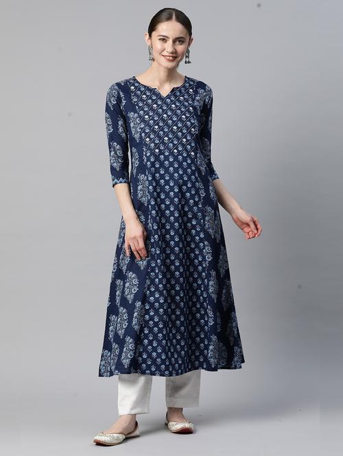 blue cotton aline kurta - 19943125 - Standard Image - 0