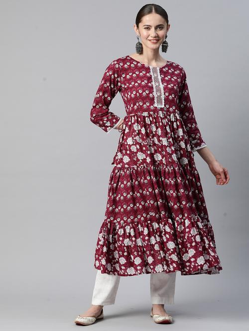 maroon cotton tiered kurta - 19943137 - Standard Image - 0