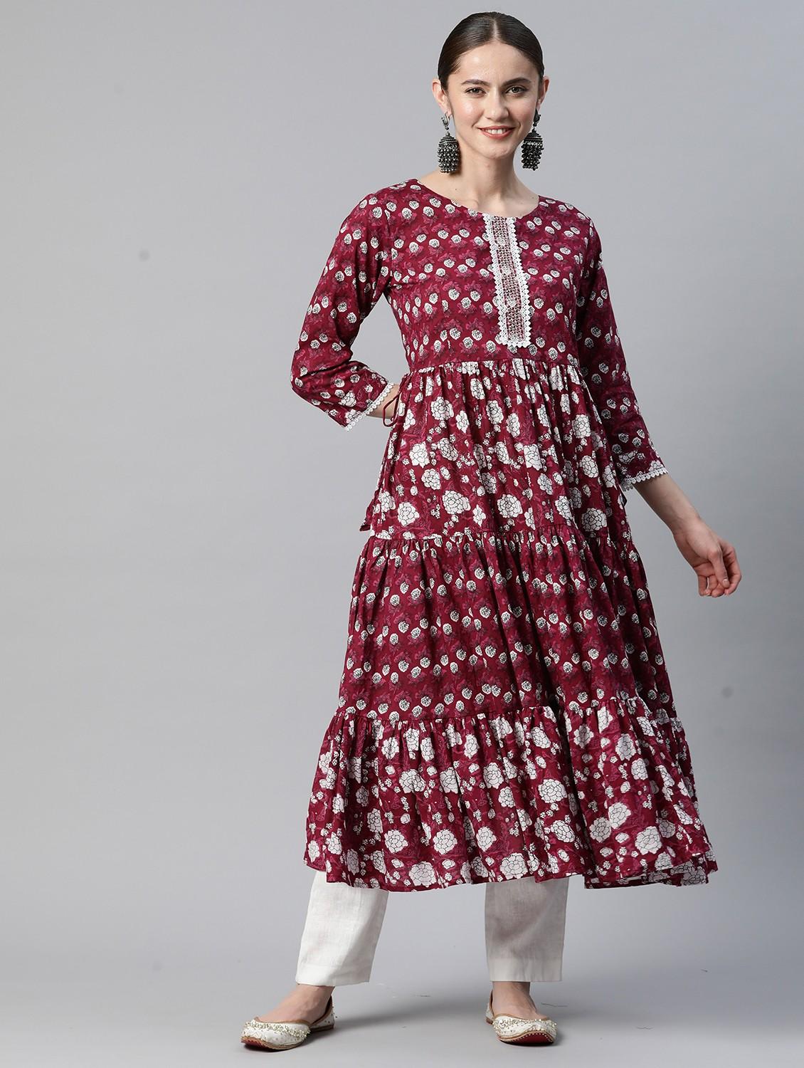 maroon cotton tiered kurta - 19943137 - Zoom Image - 0
