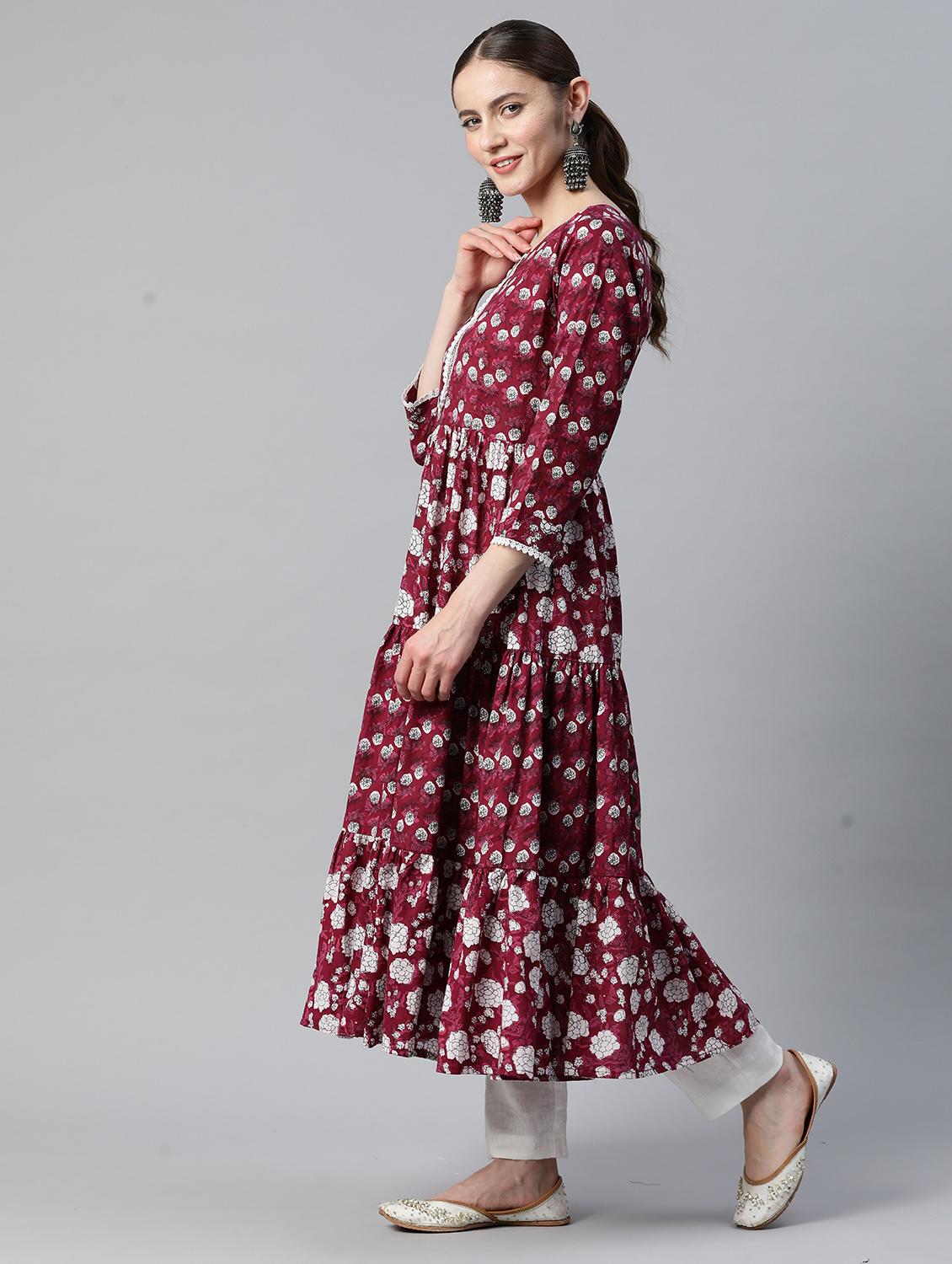 maroon cotton tiered kurta - 19943137 - Standard Image - 1