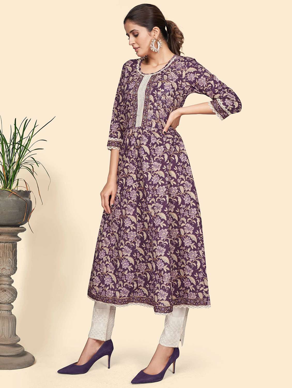 purple cotton flared kurta - 19943205 - Standard Image - 1